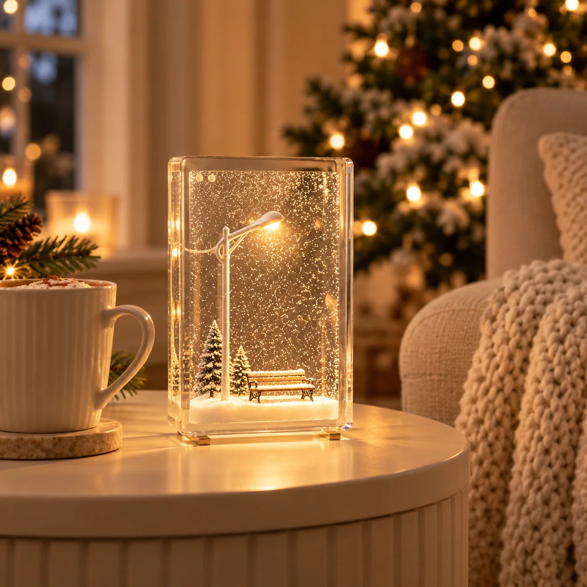 Christmas Night Light Snowy Street Scene Warm White LED