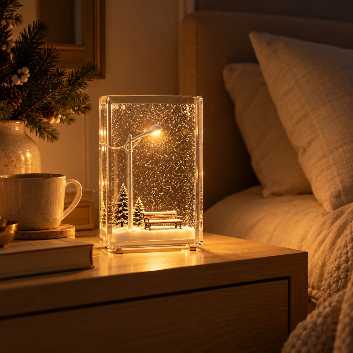 Christmas Night Light Snowy Street Scene Warm White LED