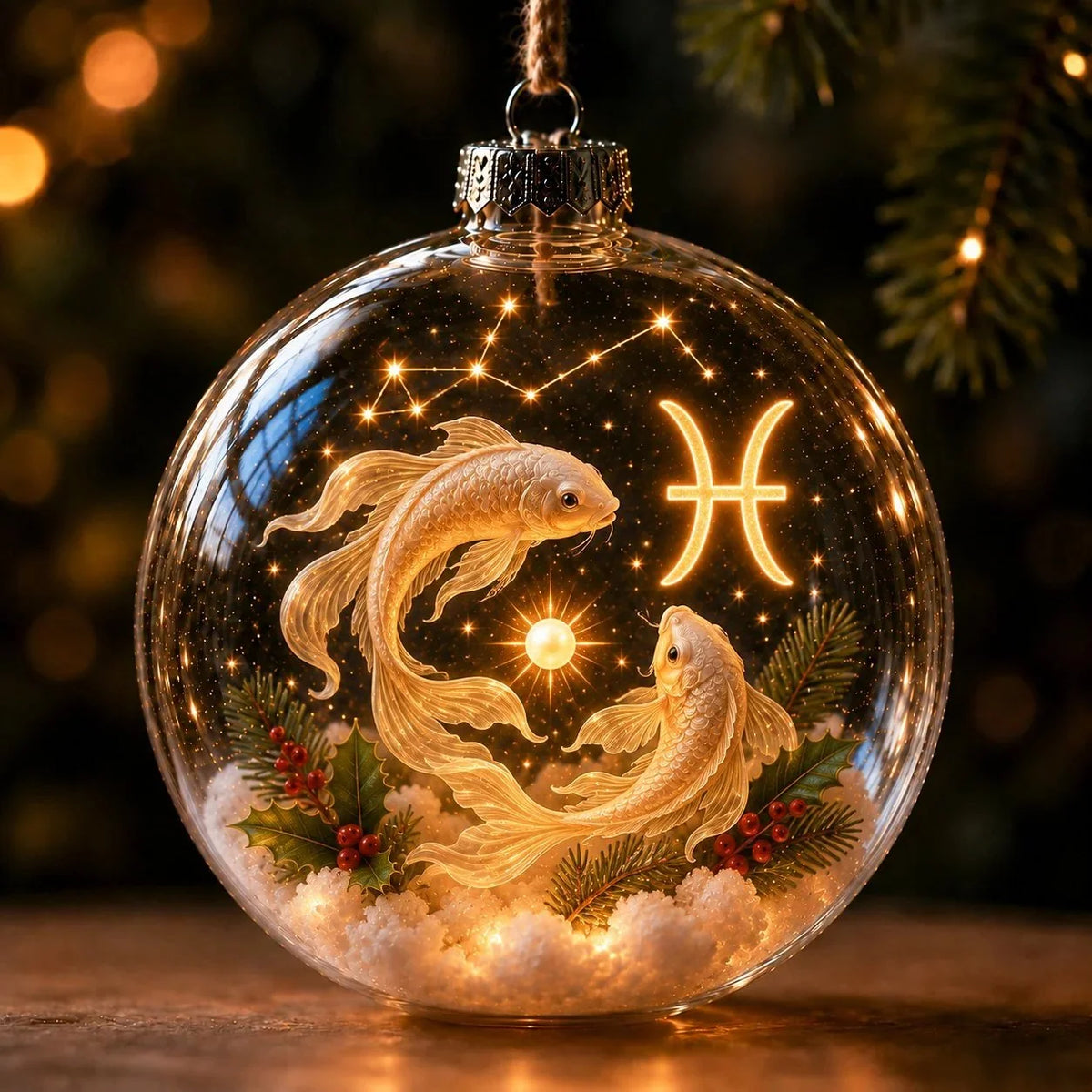 Christmas Ornament Lighted Zodiac Globe with Warm Golden Lights