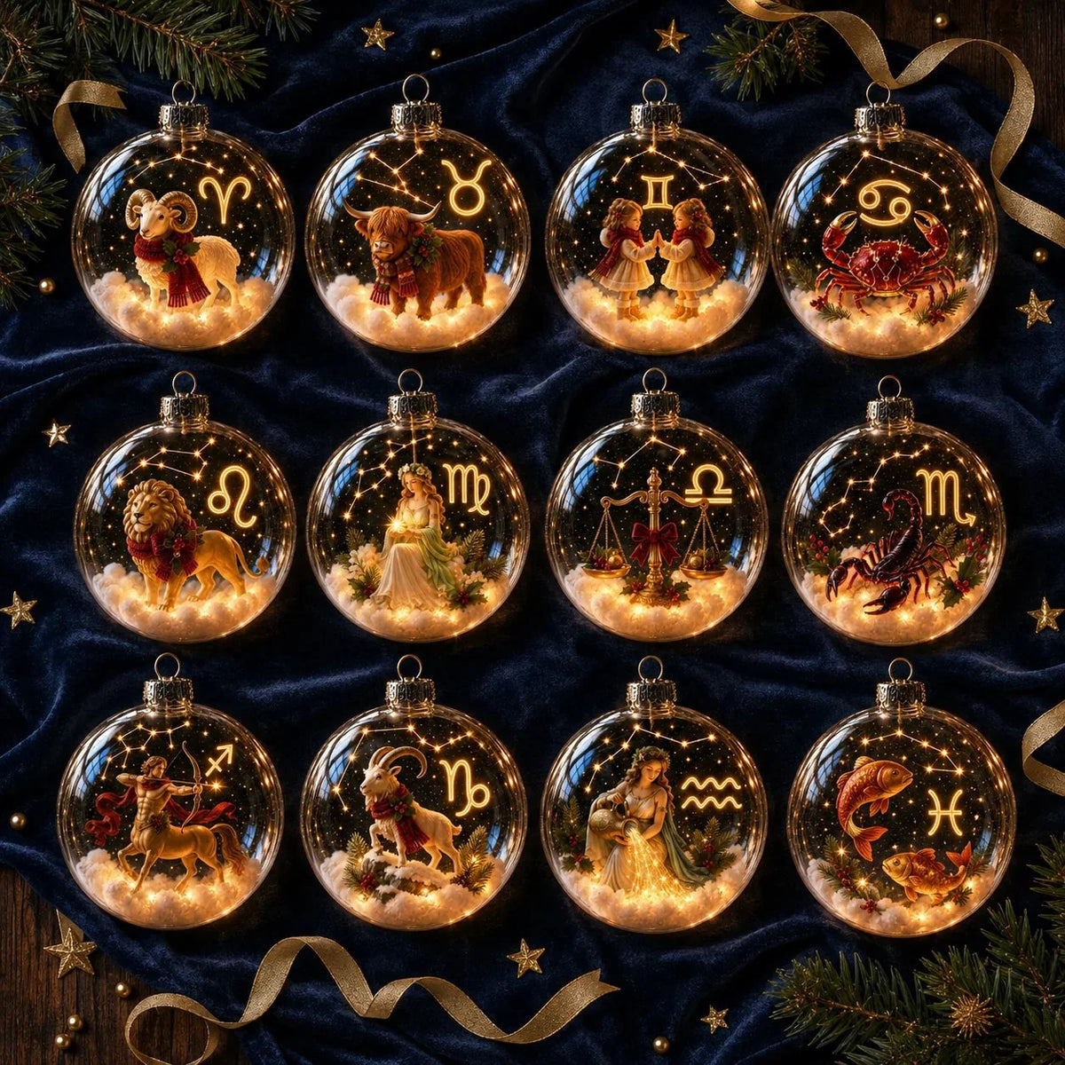 Christmas Ornament Lighted Zodiac Globe with Warm Golden Lights