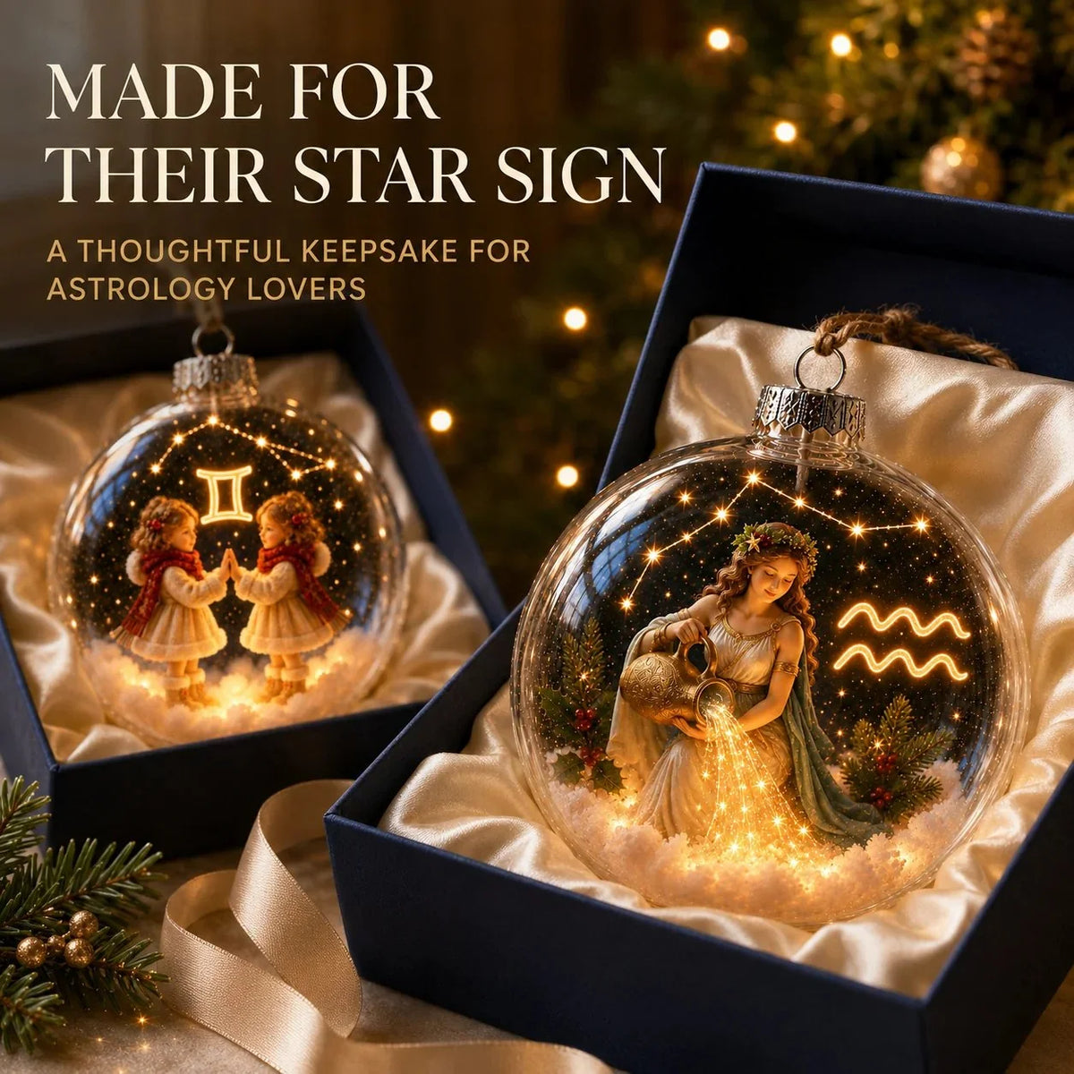 Christmas Ornament Lighted Zodiac Globe with Warm Golden Lights
