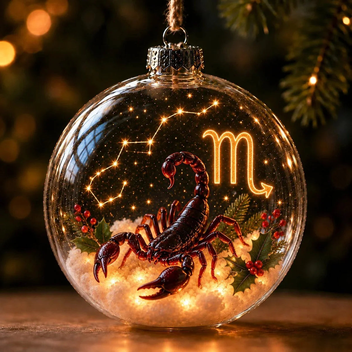 Christmas Ornament Lighted Zodiac Globe with Warm Golden Lights