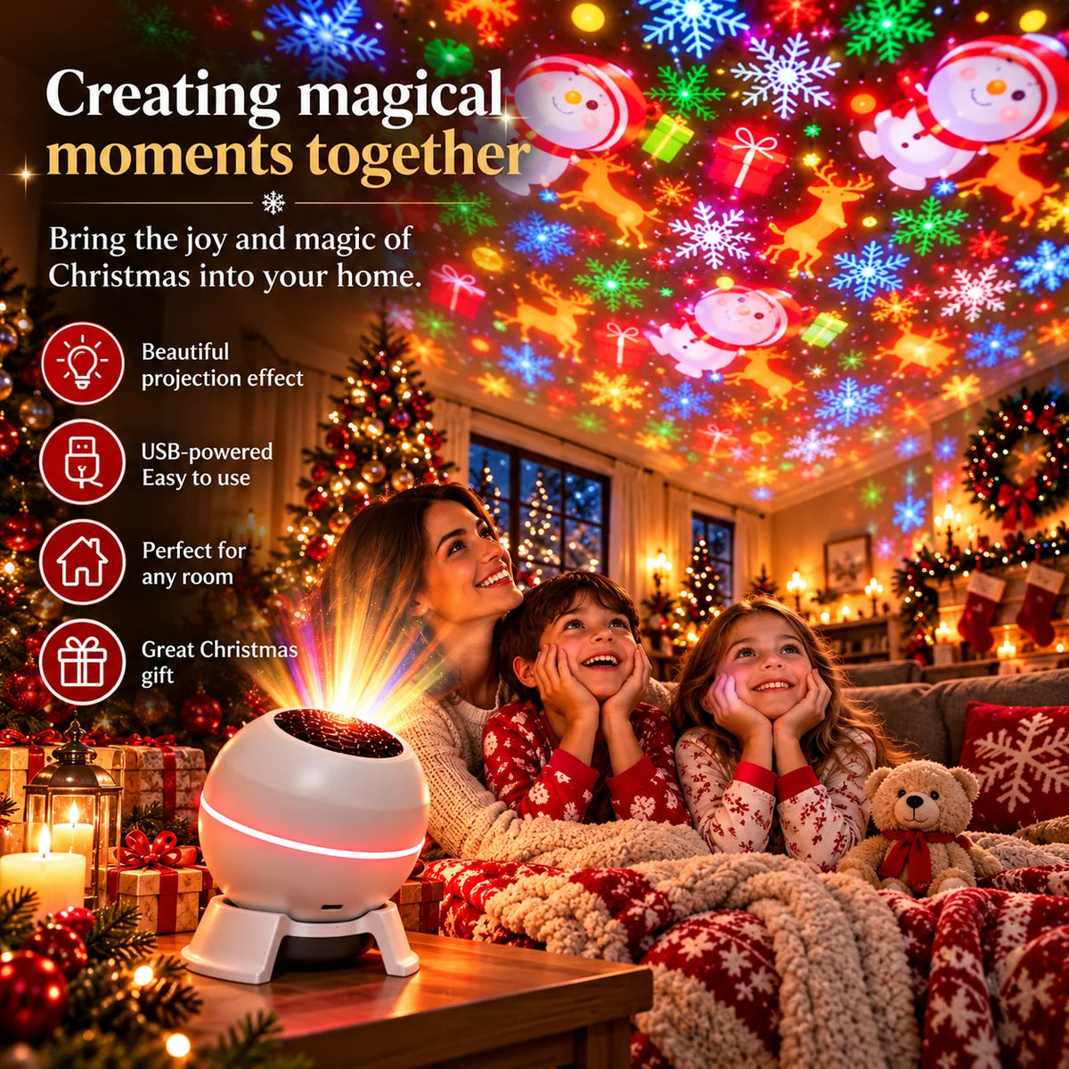 Christmas Projector Moving Motifs USB-Powered Compact Design