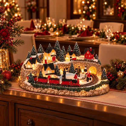 Christmas Village Decor Lighted Animated Train & Sleigh