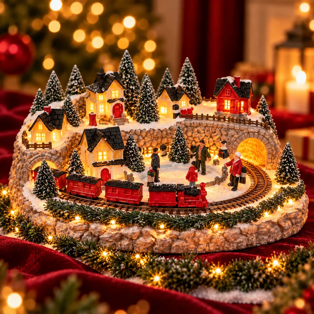 Christmas Village Decor Lighted Animated Train & Sleigh