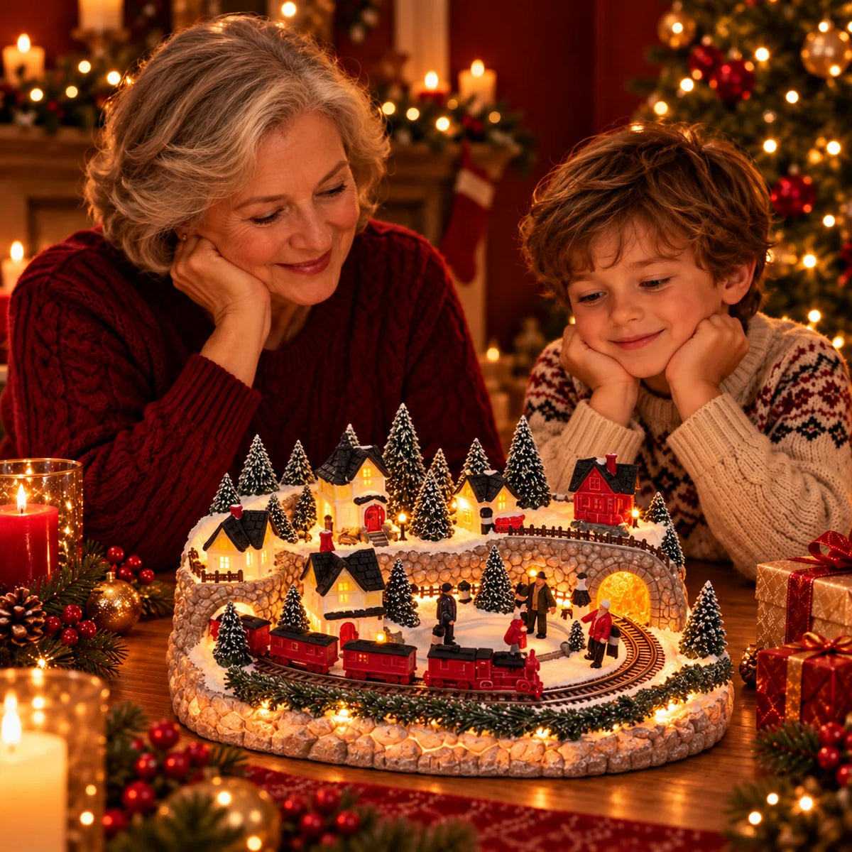 Christmas Village Decor Lighted Animated Train & Sleigh