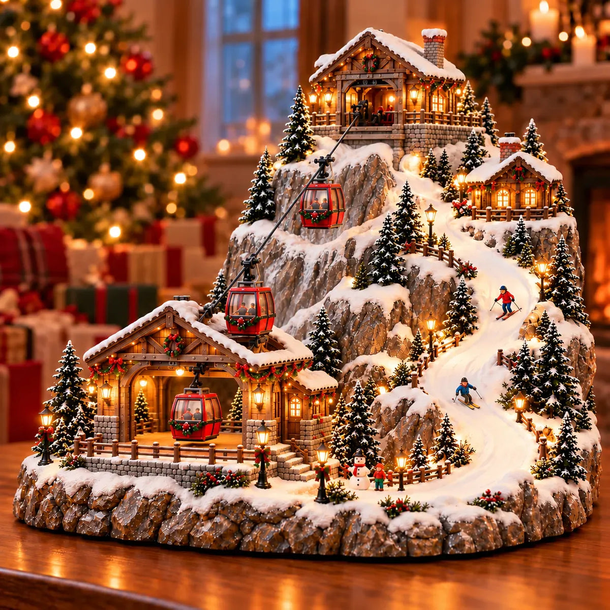 Christmas Village Decoration Animated Cable Cars & Ski Slope
