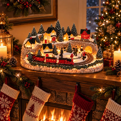 Christmas Village Decoration Lighted Animated Train And Sleigh