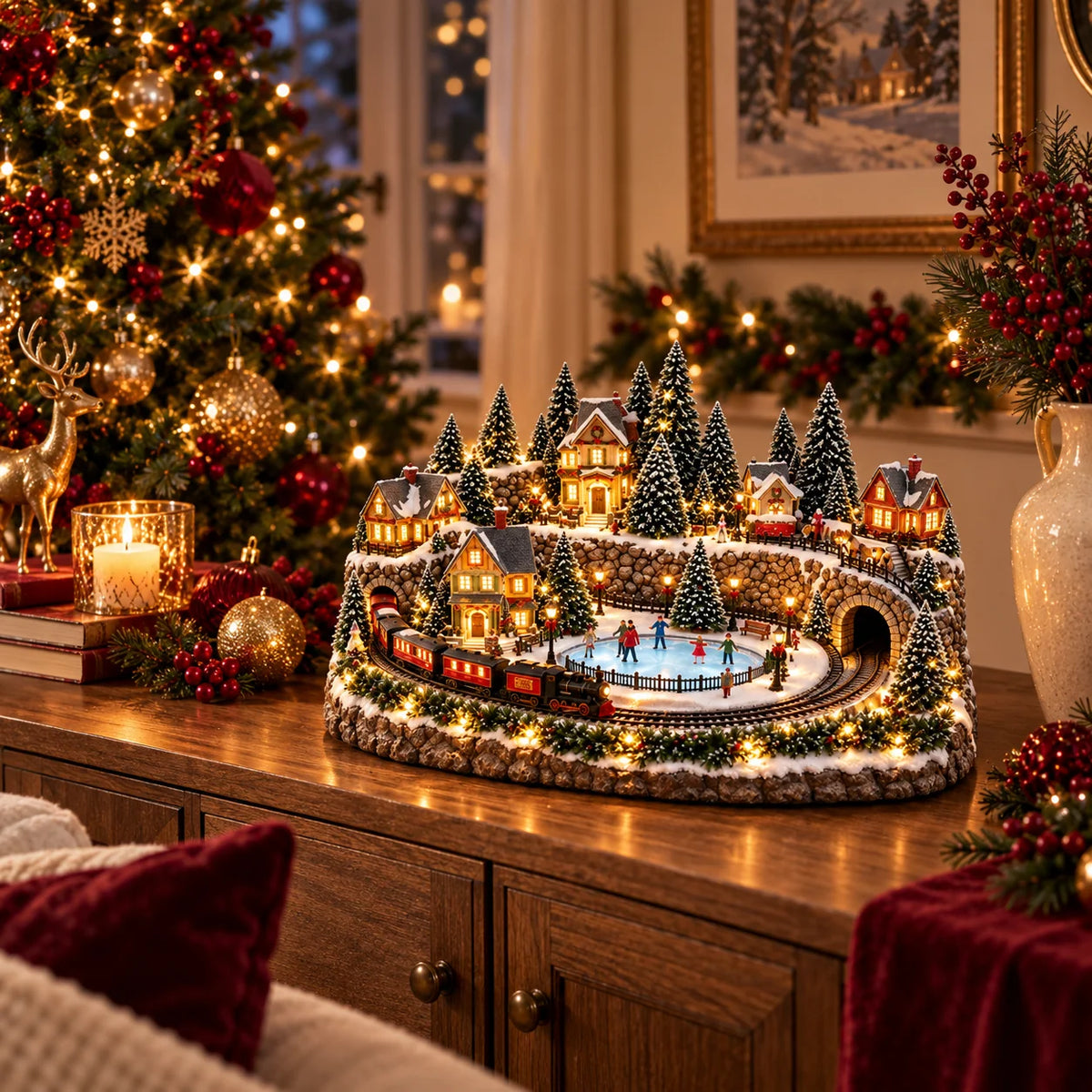 Christmas Village Decoration Moving Train With Lights & Music