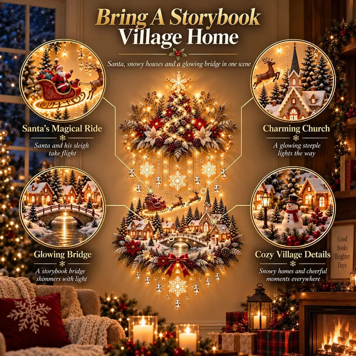 Christmas Wall Hanging Illuminated Winter Village Scene Warm LED Lights