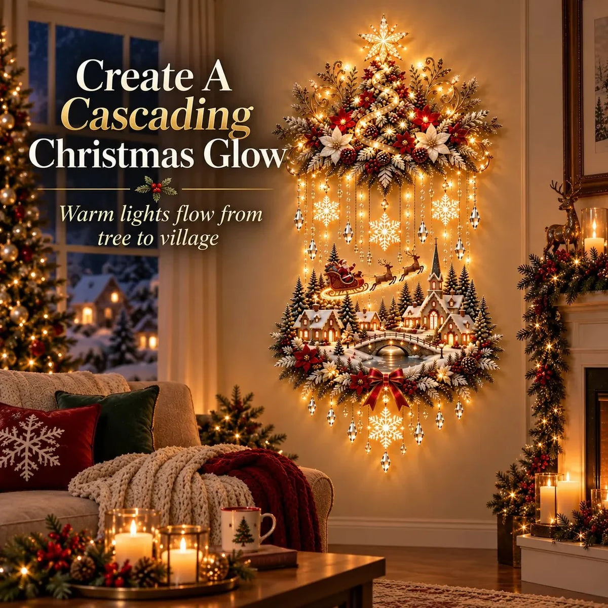 Christmas Wall Hanging Illuminated Winter Village Scene Warm LED Lights