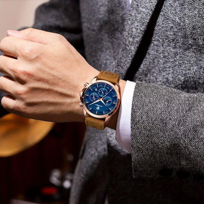 Chronograph Watch Water-Resistant Luminous Hands Leather & Steel Strap