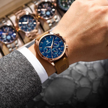 Chronograph Watch Water-Resistant Luminous Hands Leather & Steel Strap