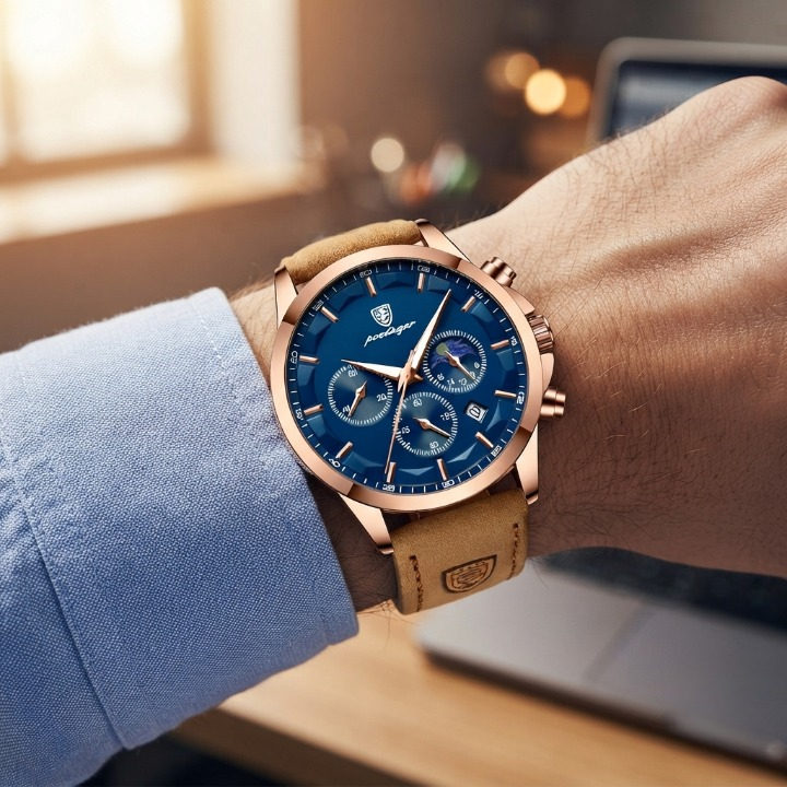 Chronograph Watch Water-Resistant Luminous Hands Leather & Steel Strap