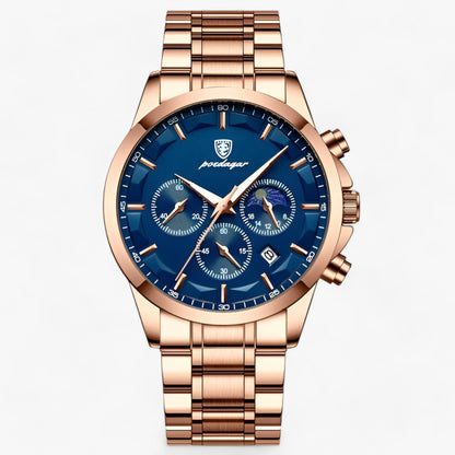 Chronograph Watch Water-Resistant Luminous Hands Leather & Steel Strap