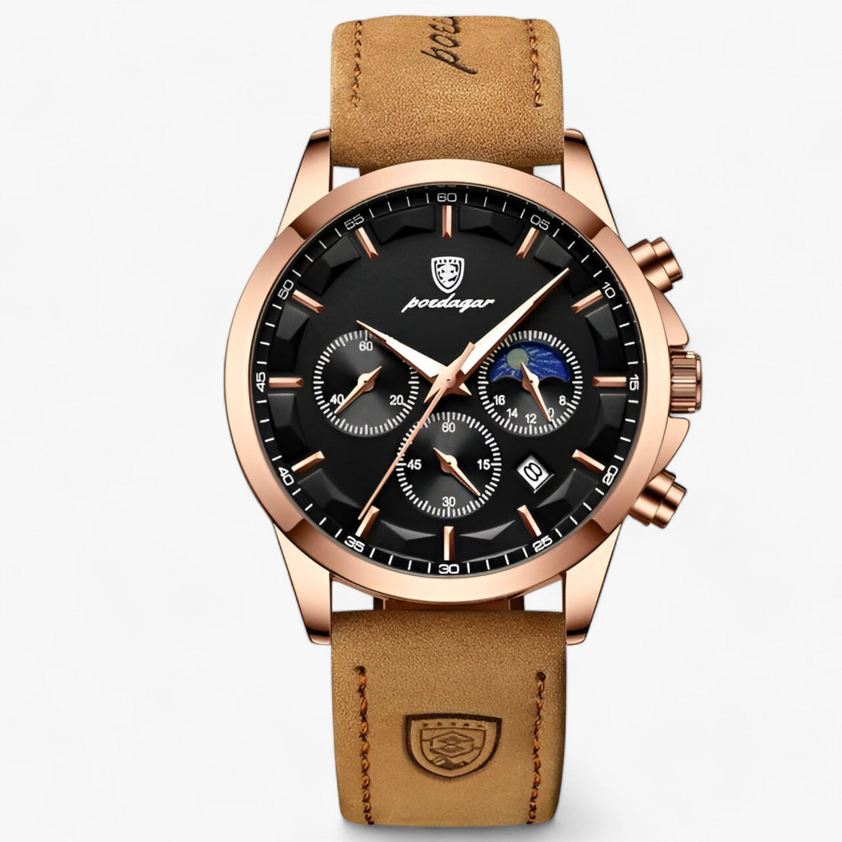 Chronograph Watch Water-Resistant Luminous Hands Leather & Steel Strap