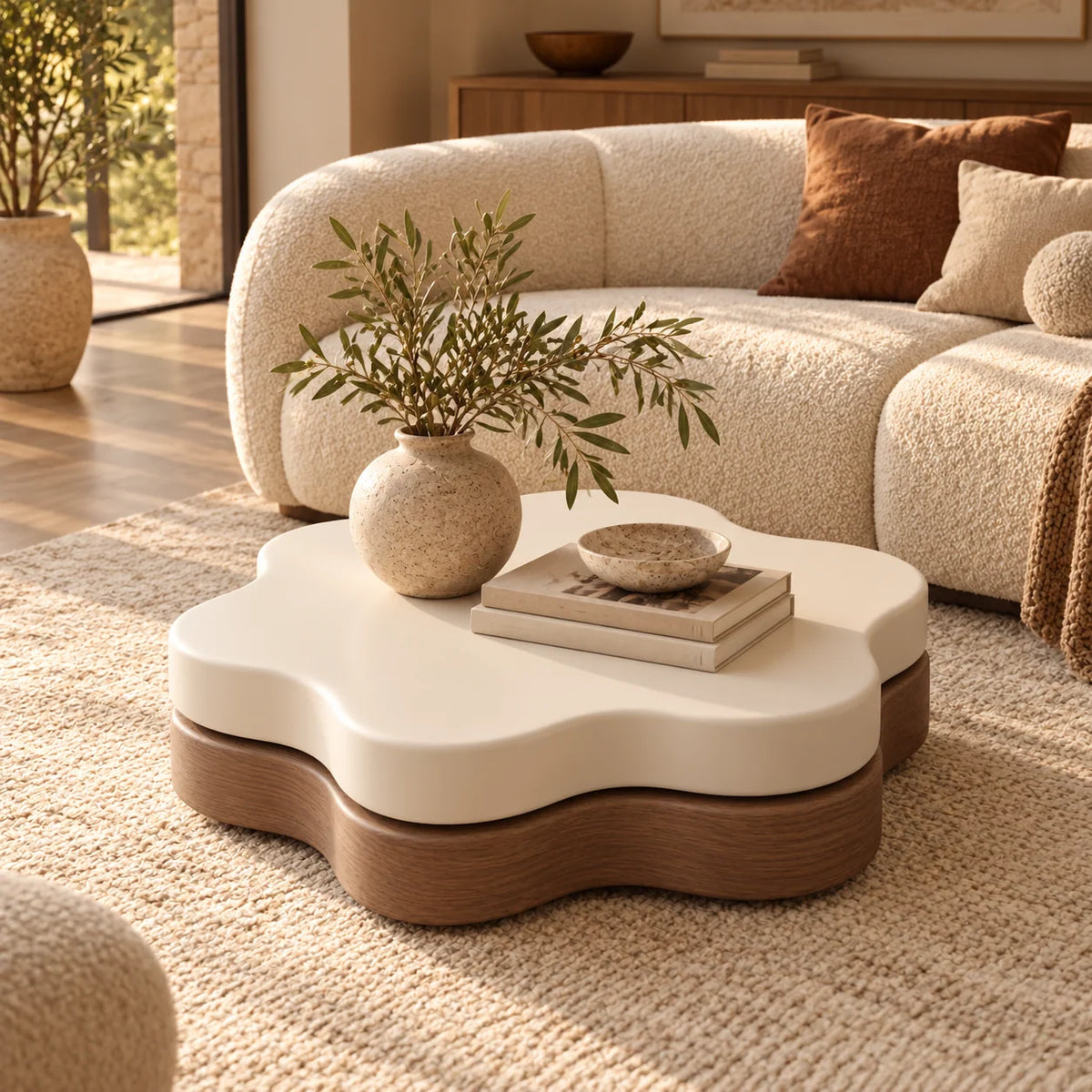 Coffee Table Flower-Shaped Rotating Extendable Top With Built-In Shelf