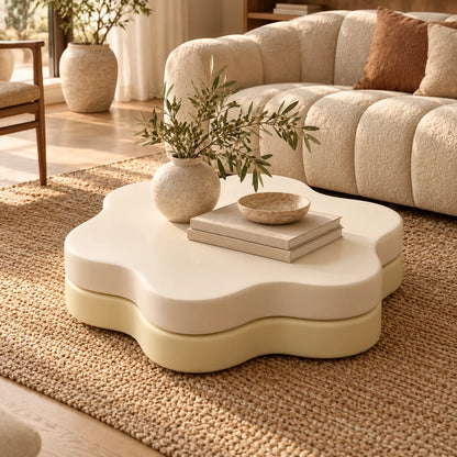 Coffee Table Flower-Shaped Rotating Extendable Top With Built-In Shelf