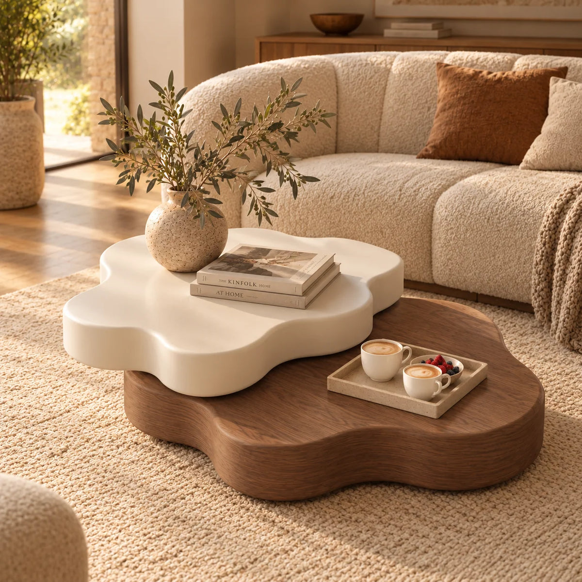 Coffee Table Flower-Shaped Rotating Extendable Top With Built-In Shelf