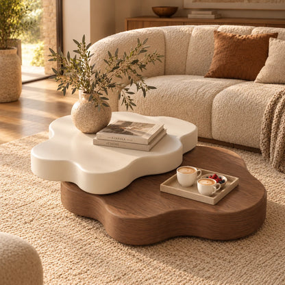 Coffee Table Flower-Shaped Rotating Extendable Top With Built-In Shelf