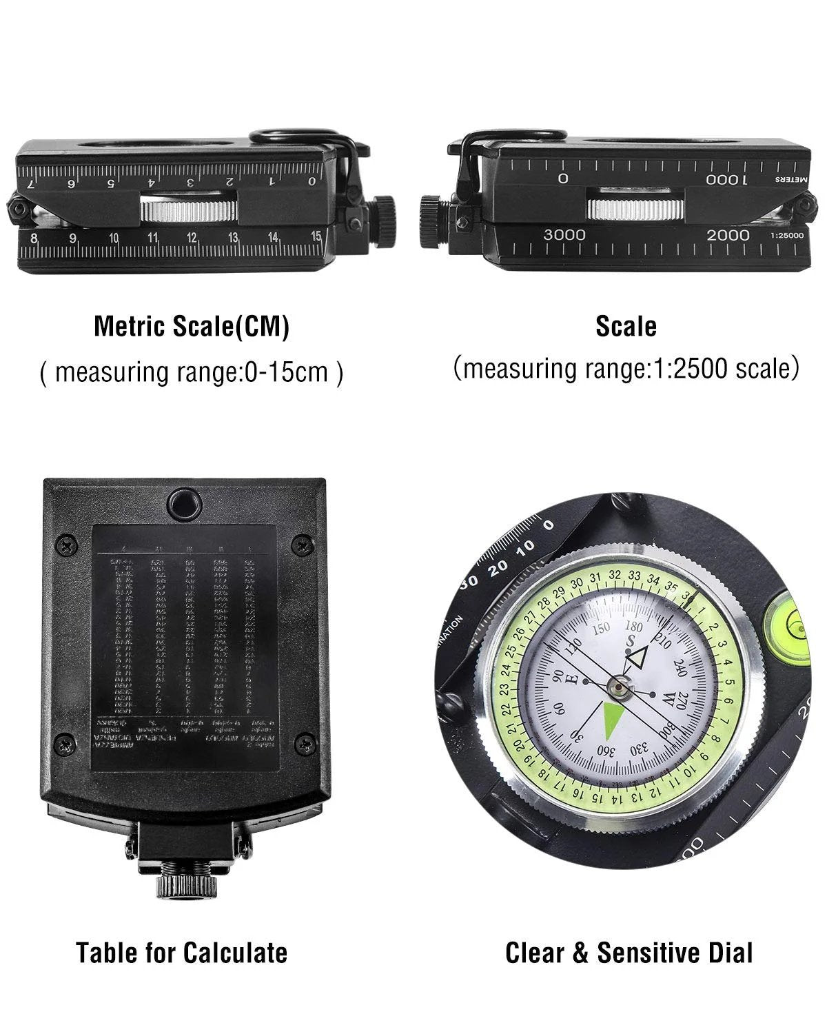 Compass Integrated Clinometer Waterproof Aluminum Glow Needle