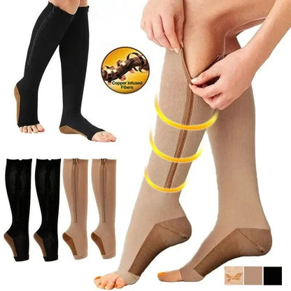 Compression Socks Zip-Up Open Toe 20–30 mmHg Support