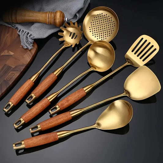 Cooking Utensil Set Gold Finish Wooden Handles 6-Piece
