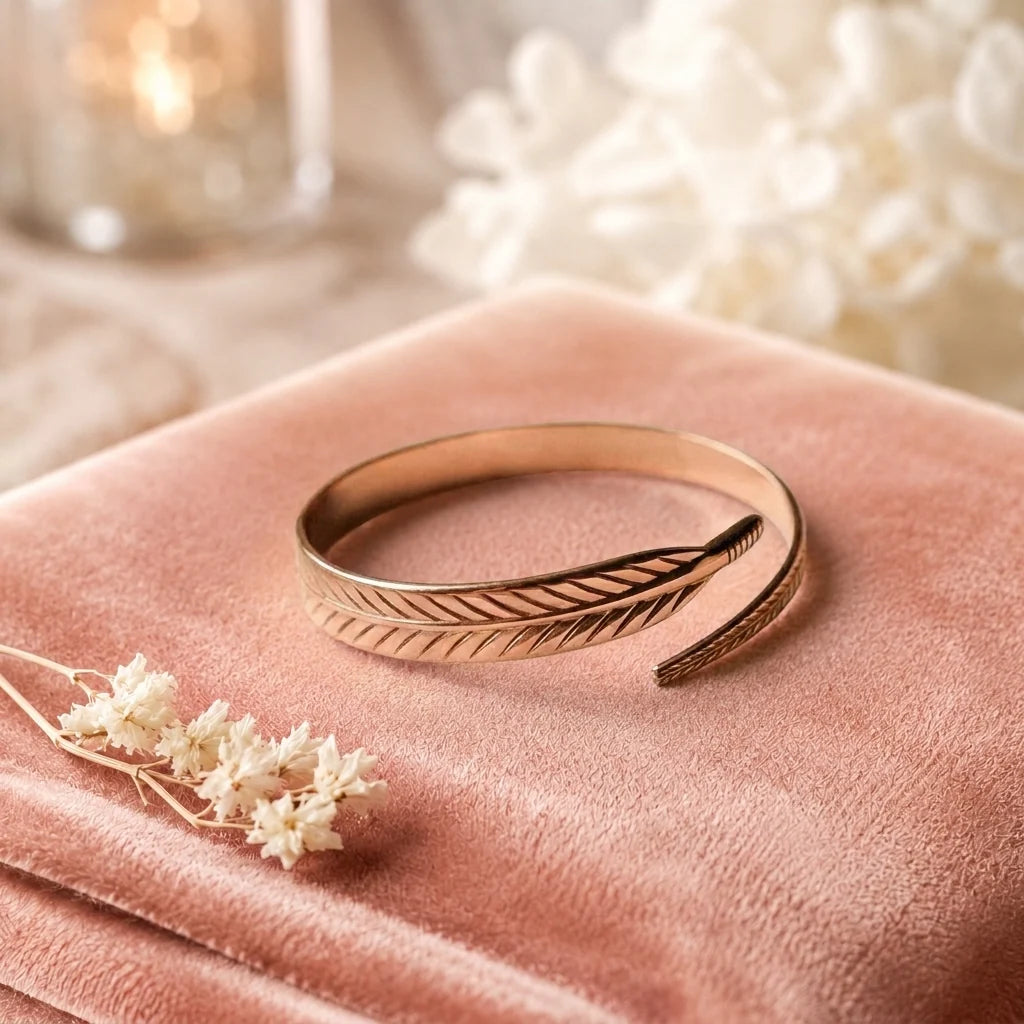 Copper Bracelet Hand-Engraved Feather Design