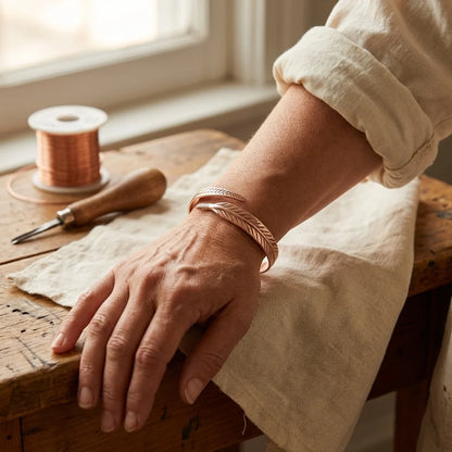 Copper Bracelet Hand-Engraved Feather Design
