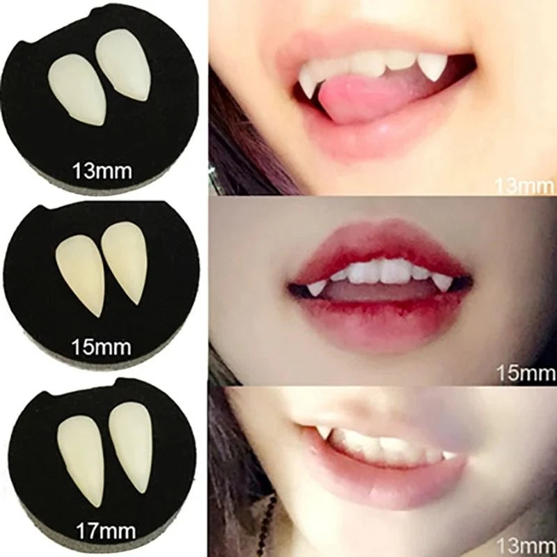 Costume Fangs Lightweight Plastic Four Sizes Fits Over Teeth