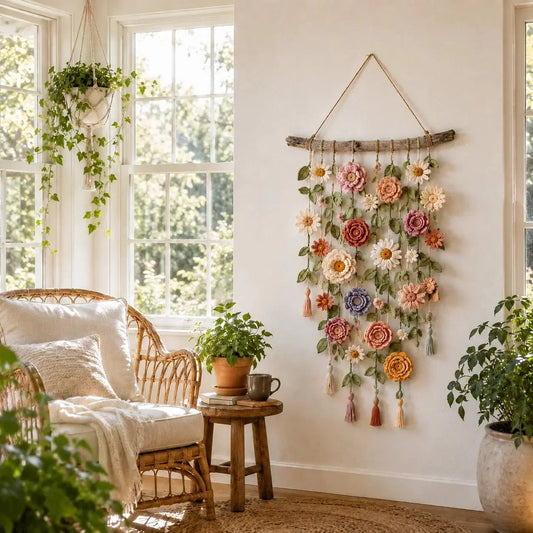 Crochet Wall Hanging 3D Flowers Driftwood Hanger