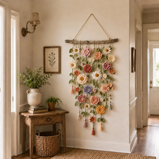Crochet Wall Hanging 3D Flowers Driftwood Hanger