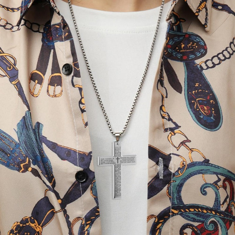Cross Necklace Engraved Lord's Prayer Stainless Steel