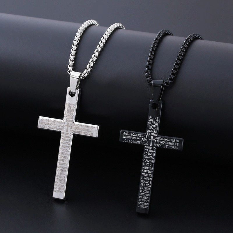 Cross Necklace Engraved Lord's Prayer Stainless Steel