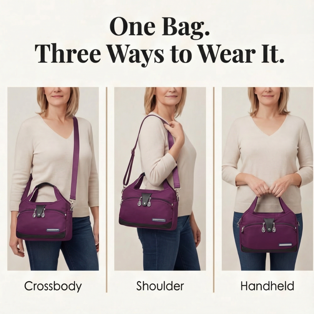 Crossbody Bag Five Zippered Compartments Anti-Theft Pocket Water-Repellent Nylon