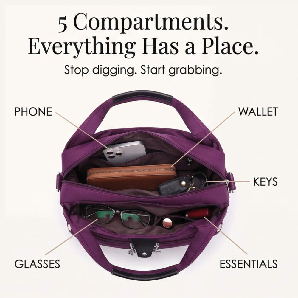 Crossbody Bag Five Zippered Compartments Anti-Theft Pocket Water-Repellent Nylon