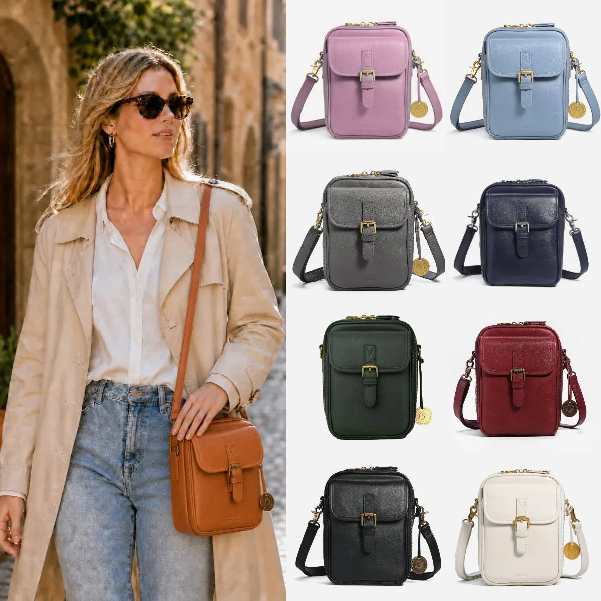 Crossbody Bag RFID-Blocking Wallet Glasses Compartment Adjustable Strap