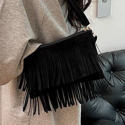 Crossbody Bag Suede Fringe Adjustable Strap & Zip Closure
