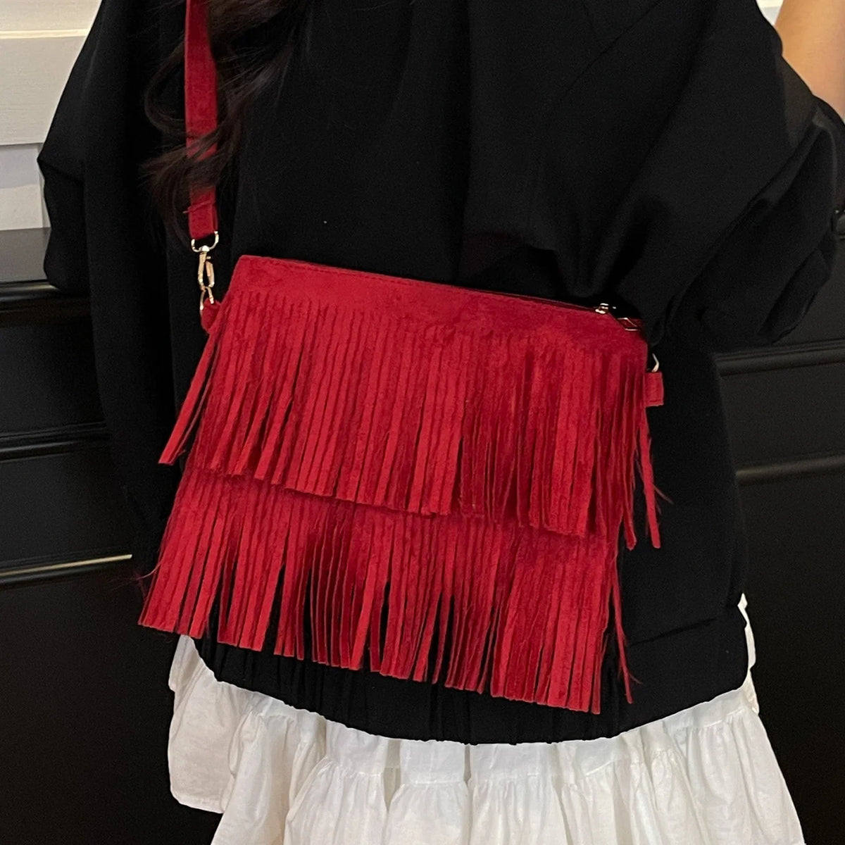 Crossbody Bag Suede Fringe Adjustable Strap & Zip Closure
