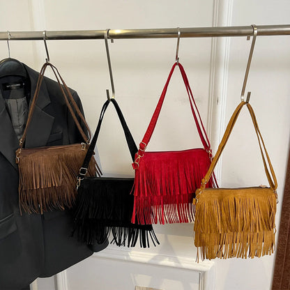 Crossbody Bag Suede Fringe Adjustable Strap & Zip Closure
