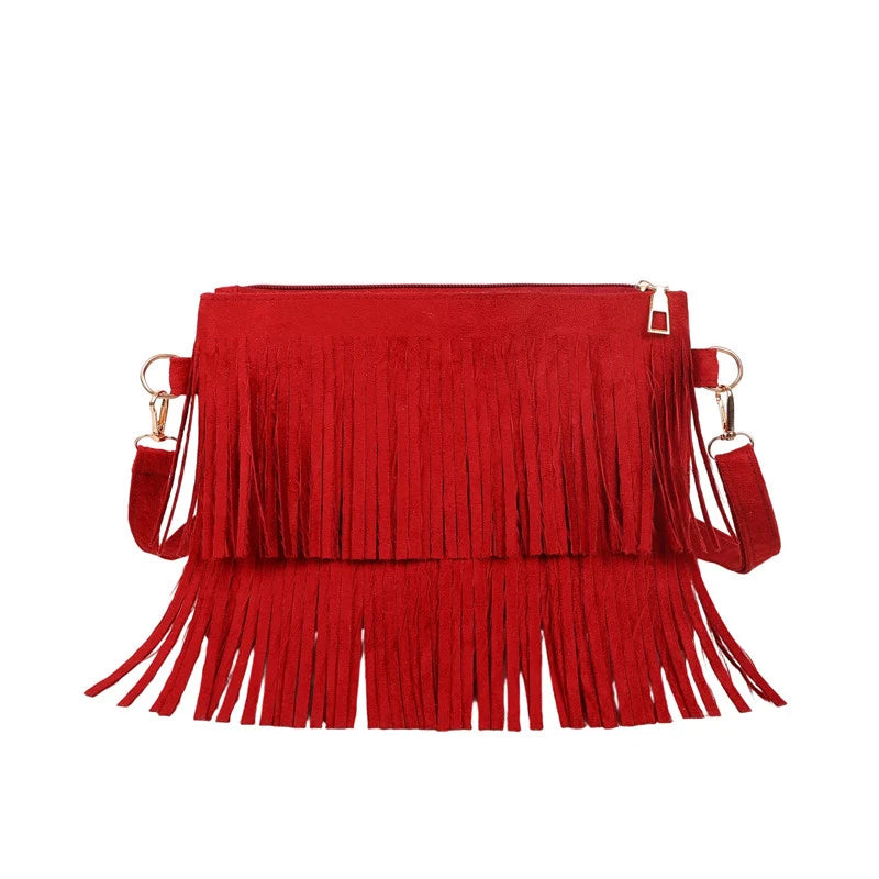 Crossbody Bag Suede Fringe Adjustable Strap & Zip Closure
