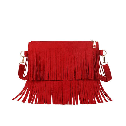 Crossbody Bag Suede Fringe Adjustable Strap & Zip Closure