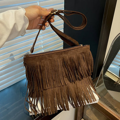 Crossbody Bag Suede Fringe Adjustable Strap & Zip Closure