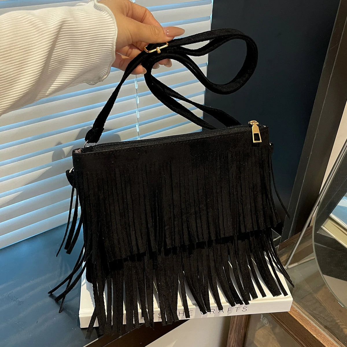 Crossbody Bag Suede Fringe Adjustable Strap & Zip Closure