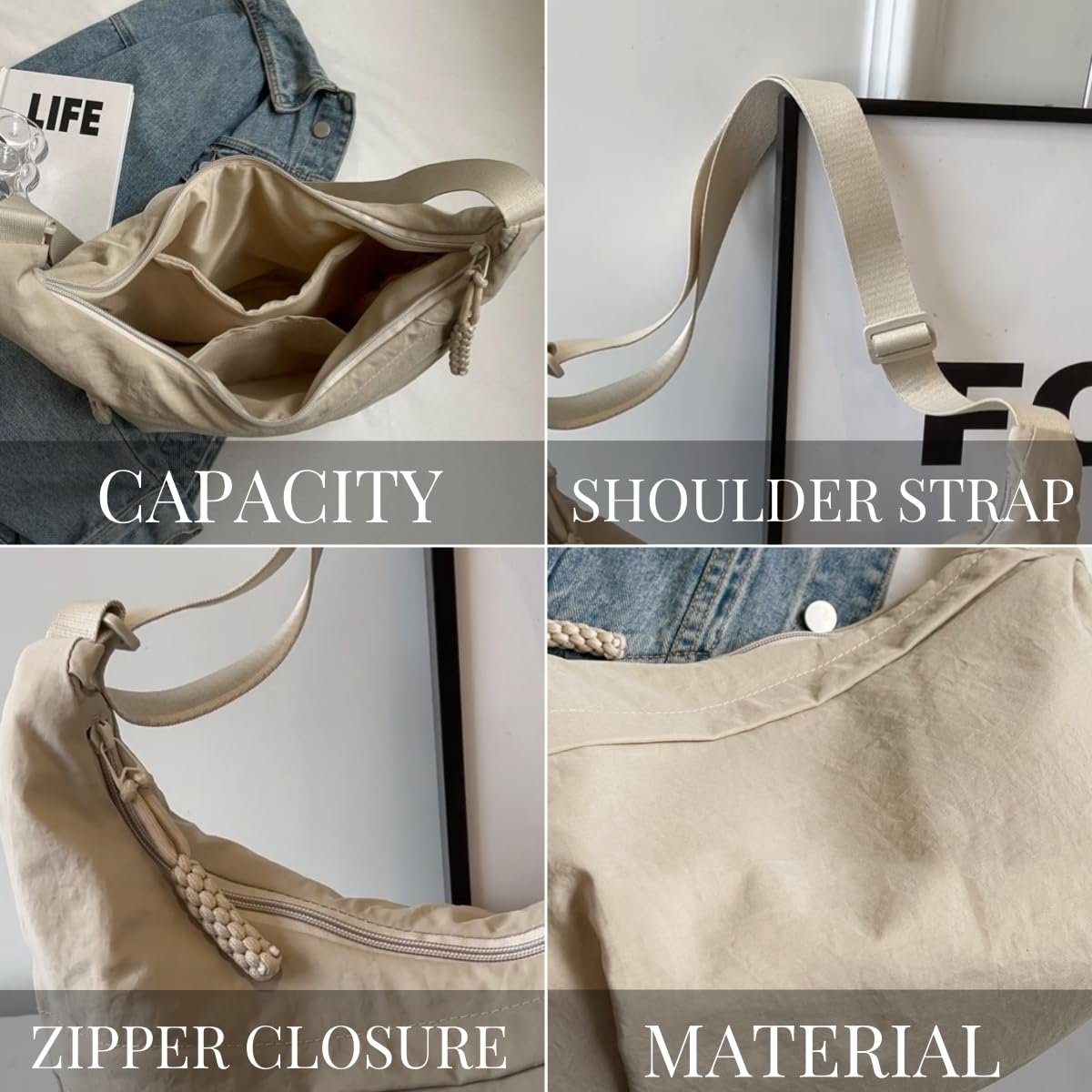 Crossbody Bag Ultralight Nylon Multiple Zippered Pockets