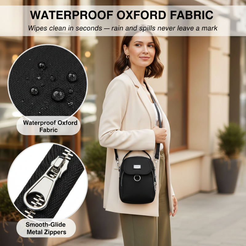 Crossbody Bag Water-Resistant Oxford Multiple Zippered Pockets