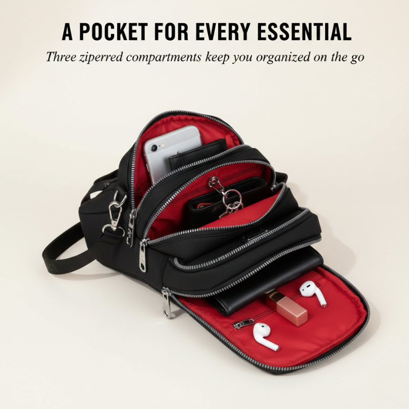 Crossbody Bag Water-Resistant Oxford Multiple Zippered Pockets