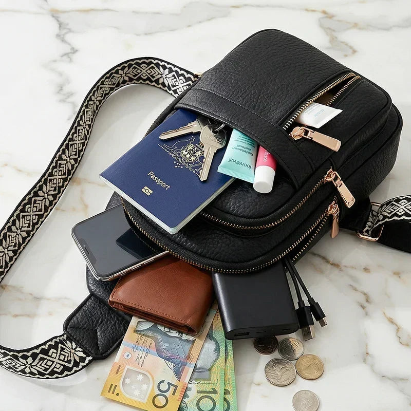 Crossbody Bag Water-Resistant PU Leather Five Compartments Adjustable Strap