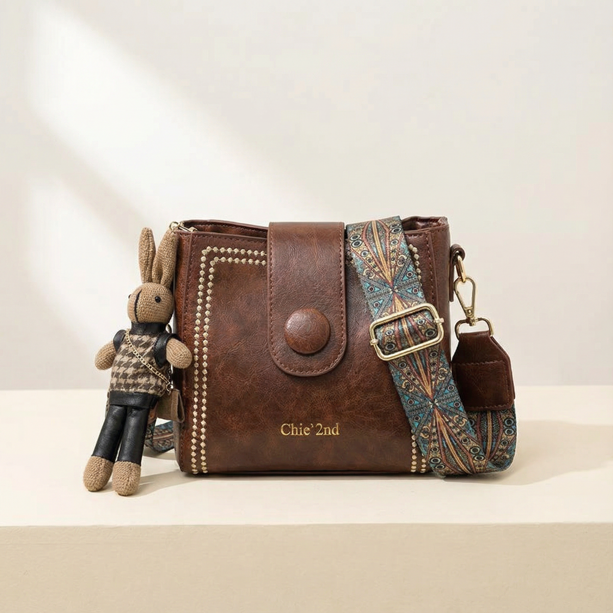 Crossbody Bucket Bag Soft PU Leather Adjustable Woven Strap