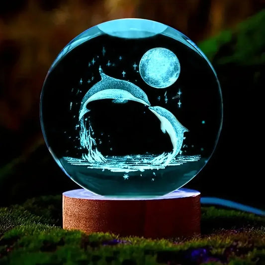 Crystal Sphere 3D Laser Engraved Dolphin Color LED Base